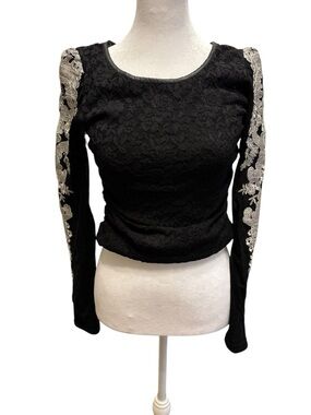 Gothic Black Lace Long Sleeve Top with Silver Embroidered Sleeves